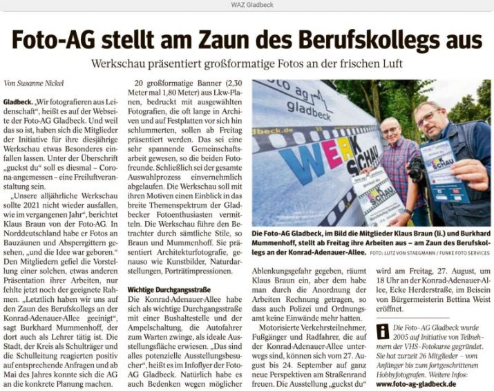 Ausstellung WERKSCHAU WAZ Gladbeck Bericht vom 25.08.2021